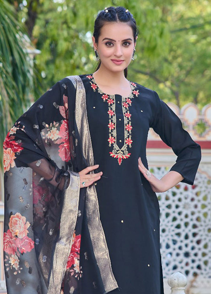 3 Pc Black Readymade Chanderi Suit Set Enjoy For Sale