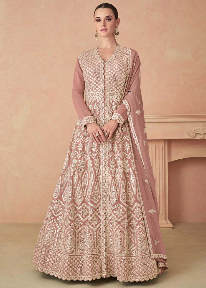 3 Pc Dark Peach Semi Stitched Georgette Suit Set Visit Sale Online