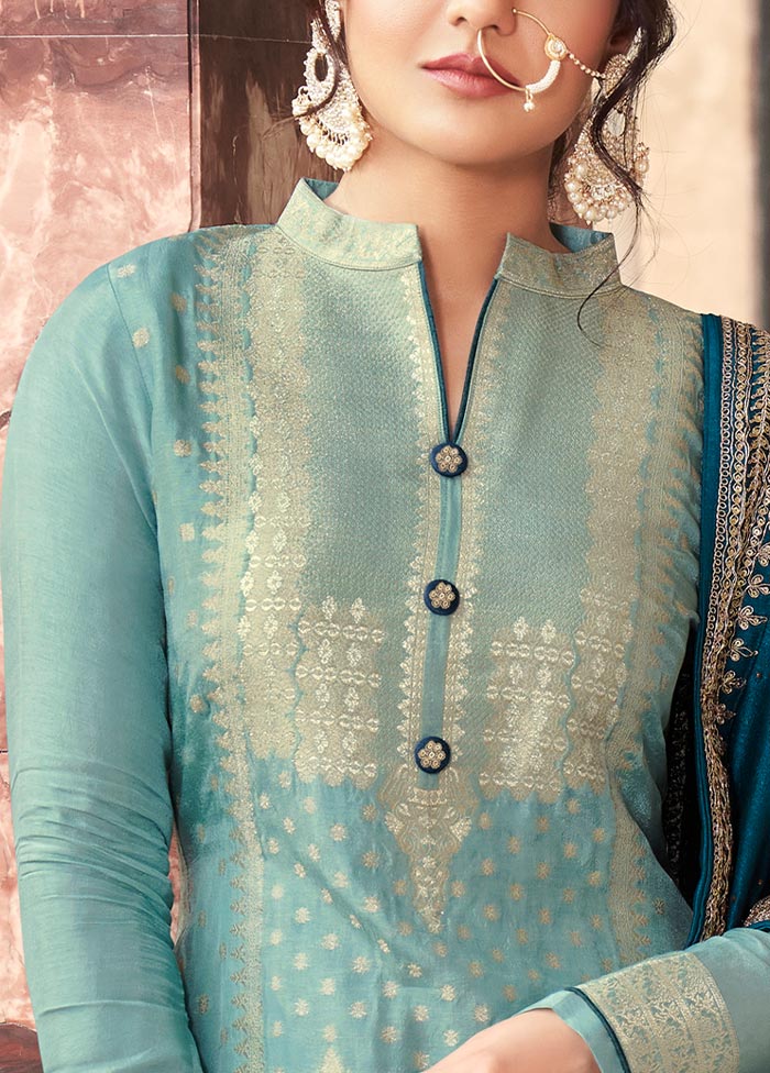 3 Pc Sky Blue Semi Stitched Silk Suit Set Recommend Sale Online