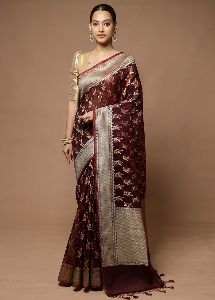 Wine Kora Silk Saree With Blouse Piece Cheap Sale Manchester