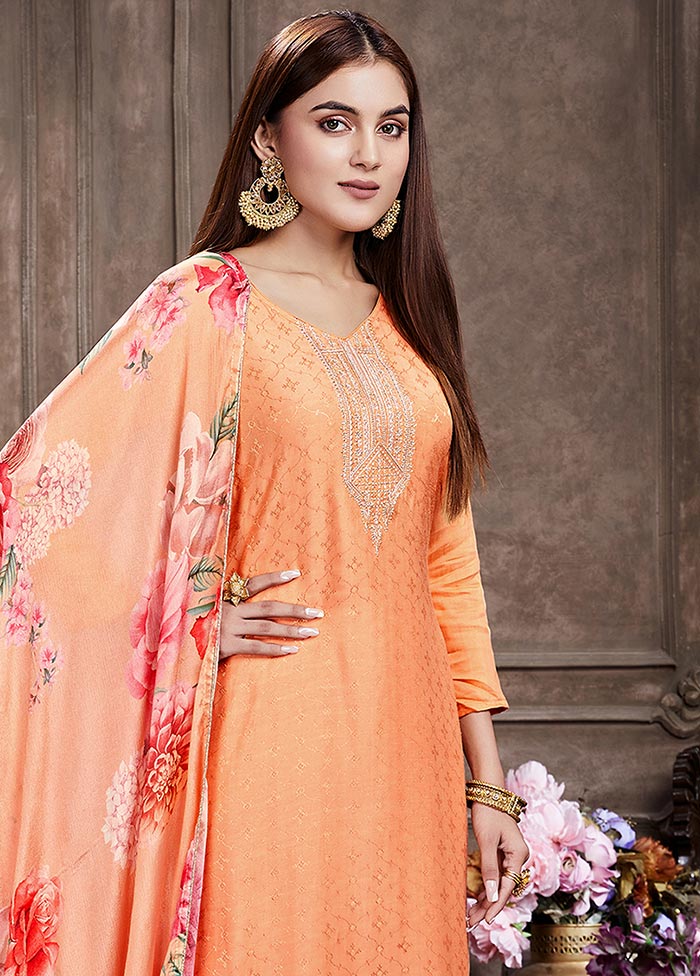 3 Pc Peach Unstitched Silk Suit Set Cheap Sale 2025 New