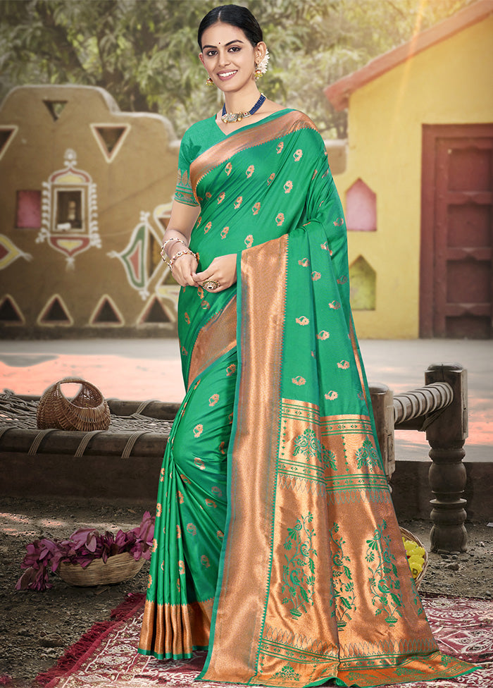 Rama Green Spun Silk Saree With Blouse Piece Sale Cheap Pice