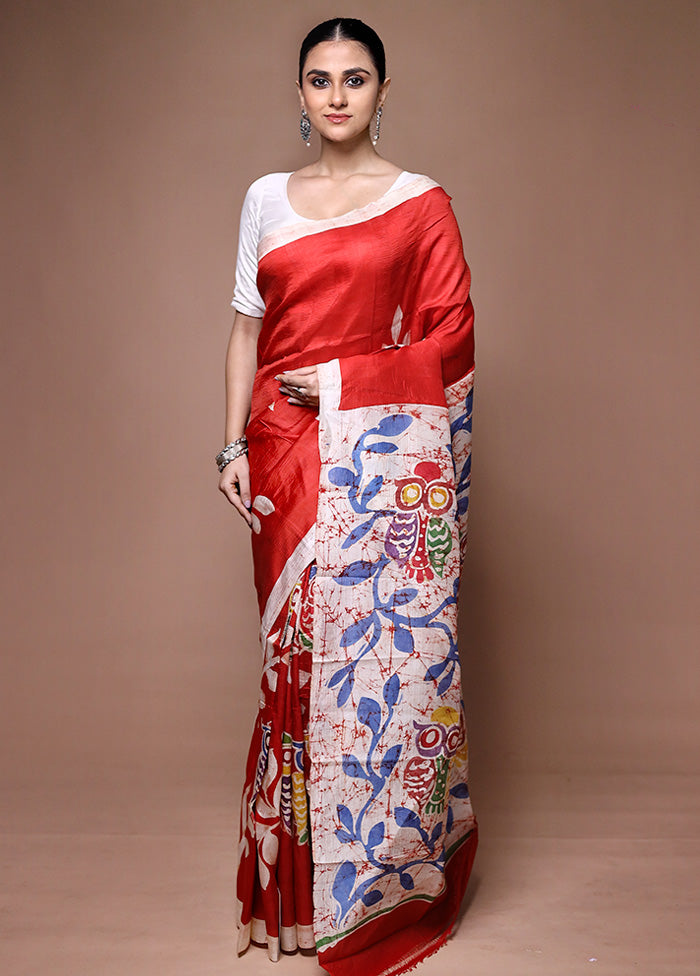 Red Printed Pure Silk Saree Without Blouse Piece Cheap Finishline