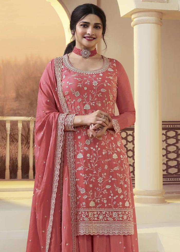 3 Pc Dark Peach Semi Stitched Silk Suit Set Deals Online