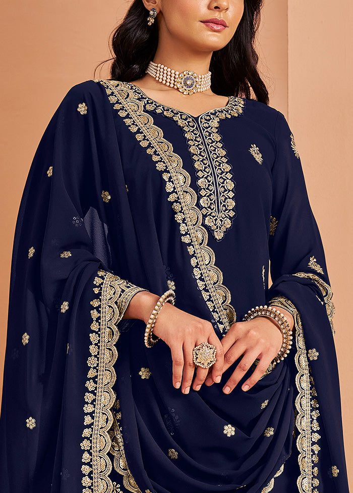 3 Pc Blue Semi Stitched Georgette Suit Set Buy Cheap With Mastercard