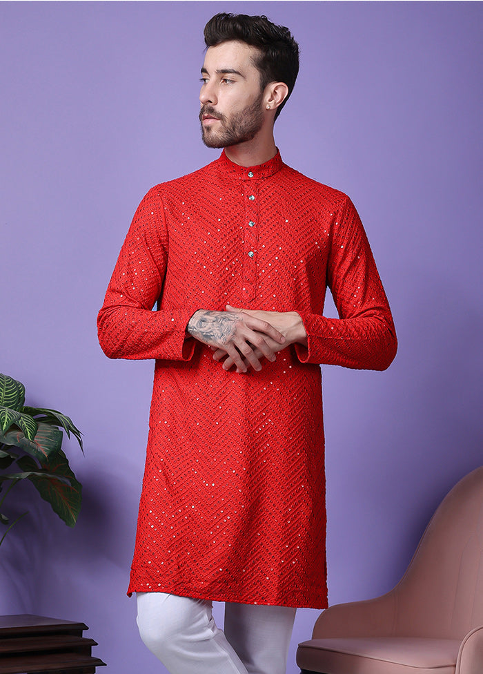 2 Pc Red Silk Kurta Pajama Set Cost For Sale