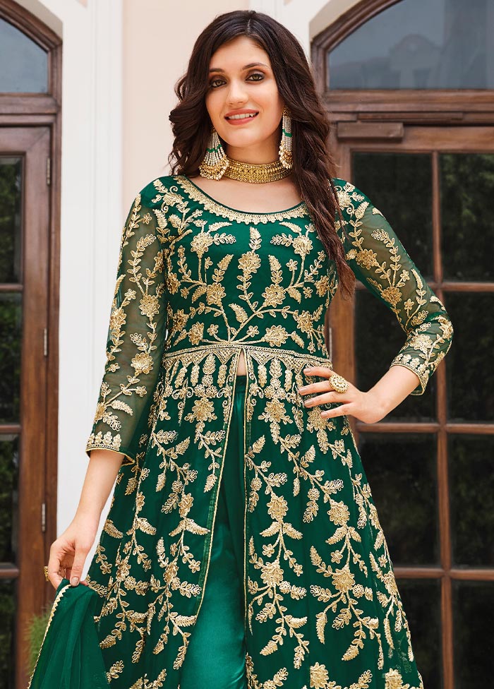 3 Pc Green Semi Stitched Net Suit Set Cheap Sale 2025