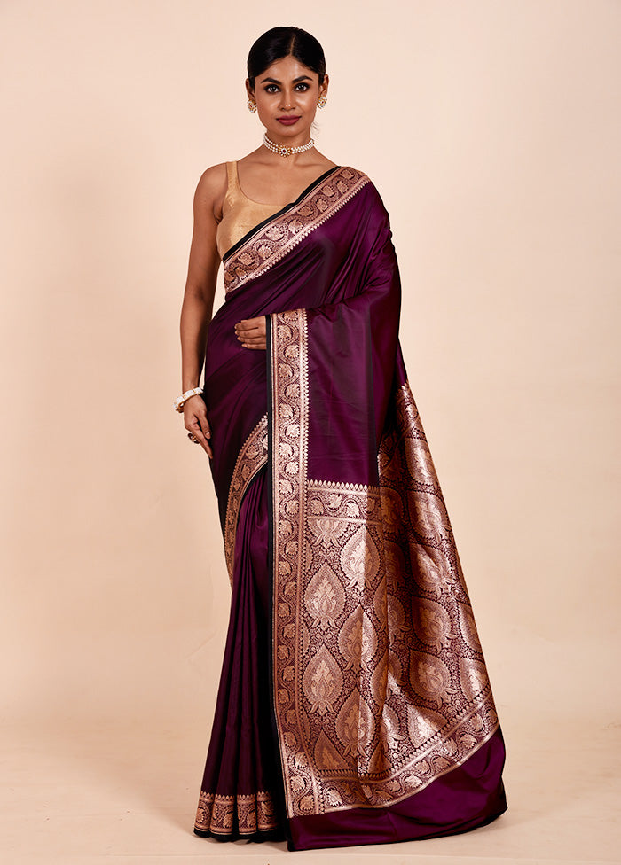 Wine Banarasi Silk Saree With Blouse Piece Clearance Cheap Online