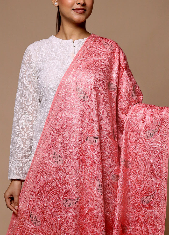 Pink Butta Work With Zari Woven Border Shawl Outlet View