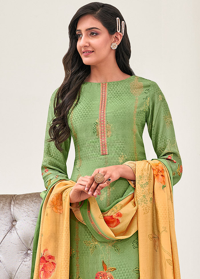 3 Pc Green Unstitched Pure Silk Suit Set Lowest Pice