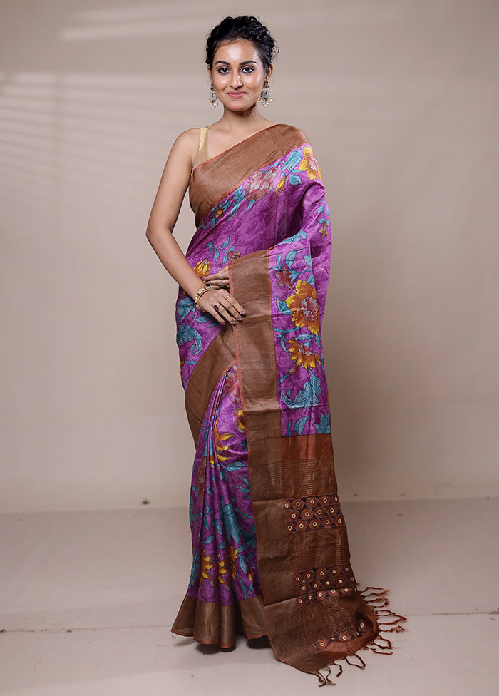 Purple Tussar Silk Saree With Blouse Piece Shop For Cheap Online