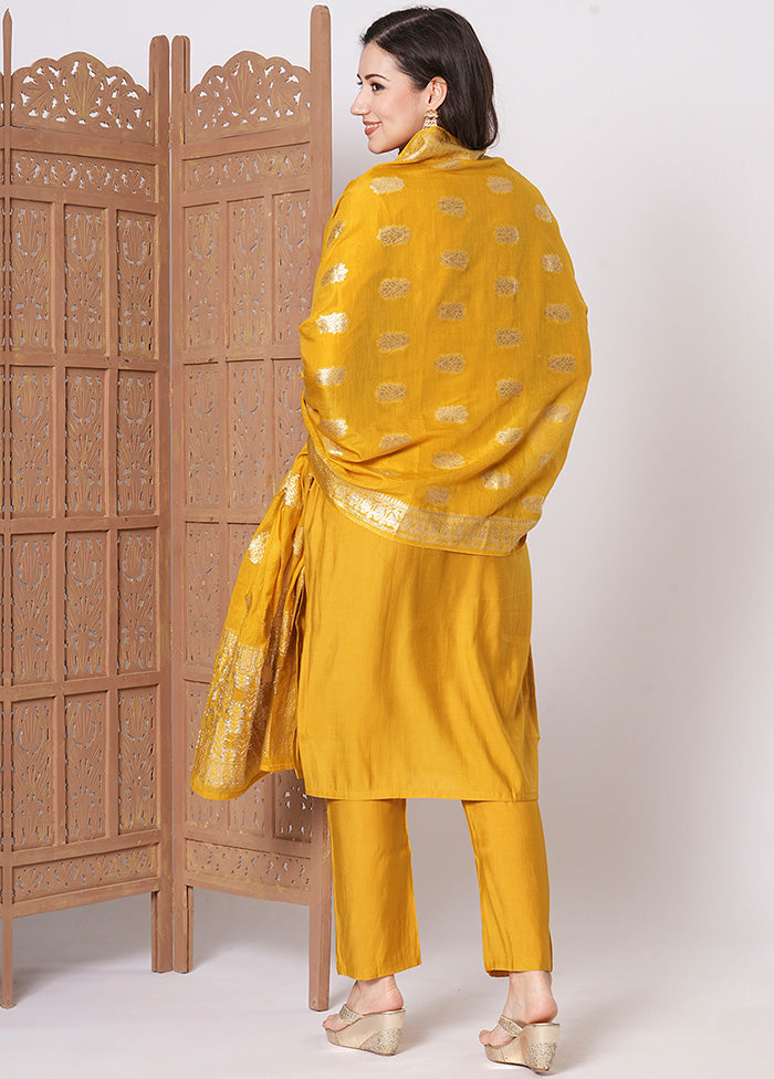 3 Pc Yellow Readymade Chanderi Dupatta Suit Set 2025 New Cheap Pice