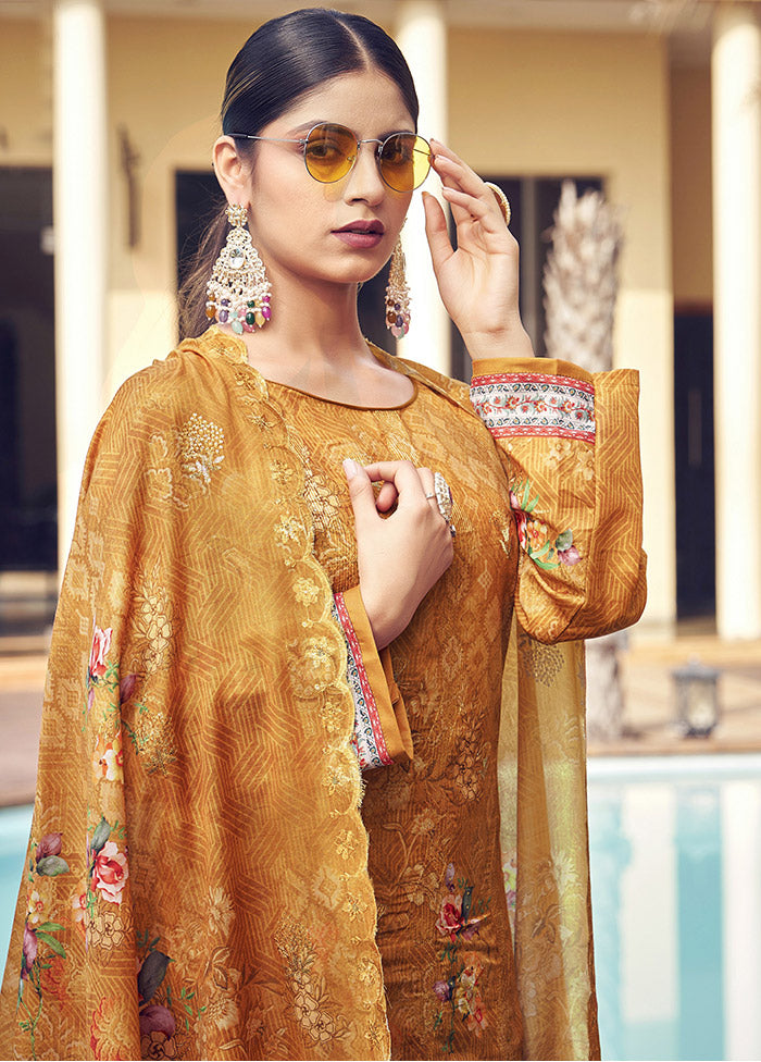 3 Pc Mustard Unstitched Silk Suit Set 2025 Unisex