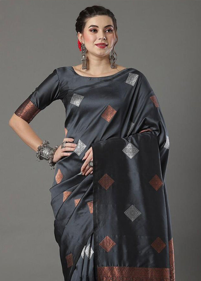 Grey Banarasi Silk Saree With Blouse Piece Online Online Clearance