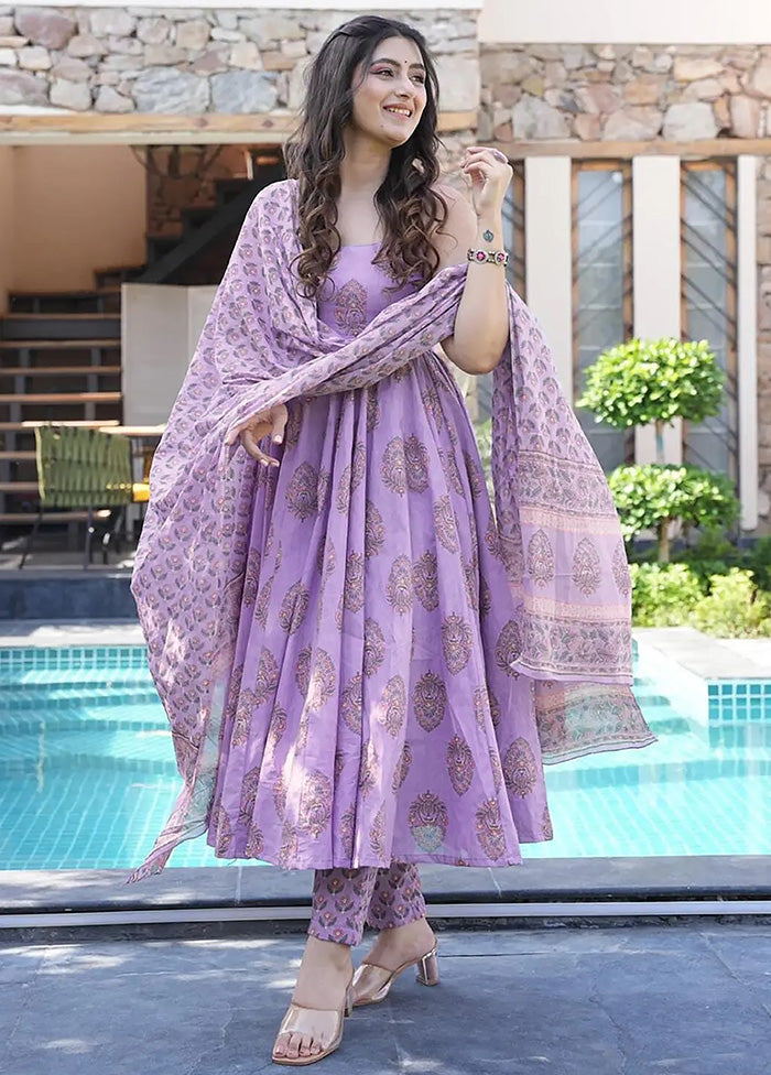 3 Pc Purple Pure Readymade Silk Dupatta Suit Set Sale Cheapest Pice