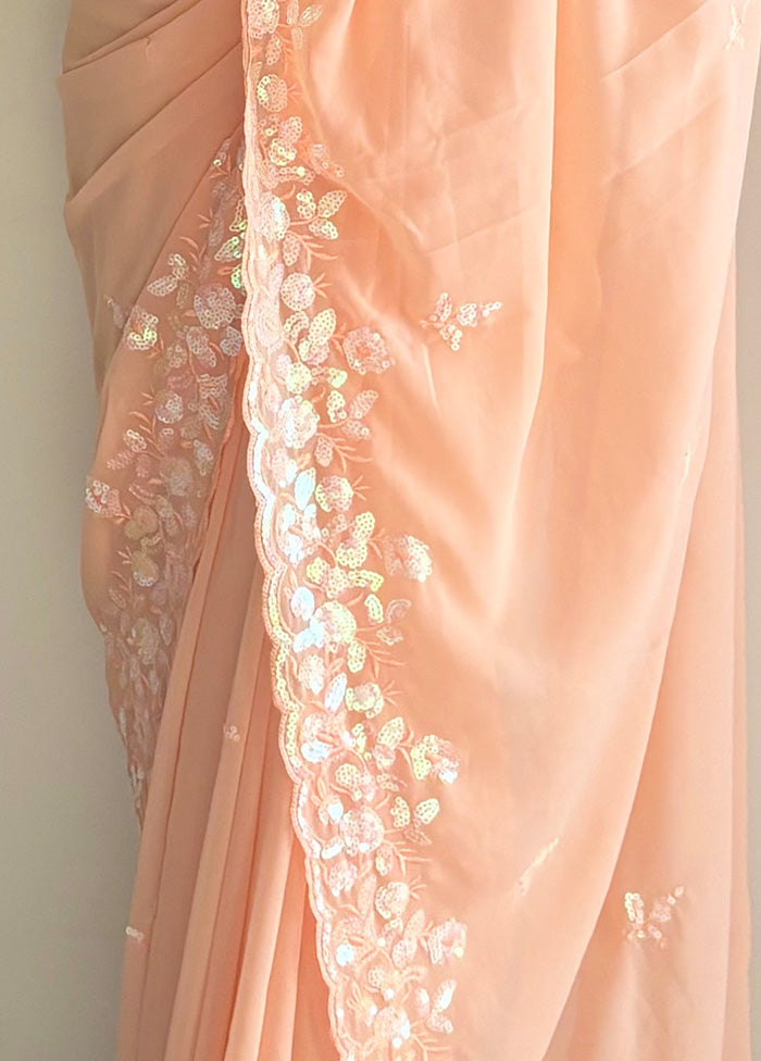 Peach Georgette Saree With Blouse Piece Clearance Fake