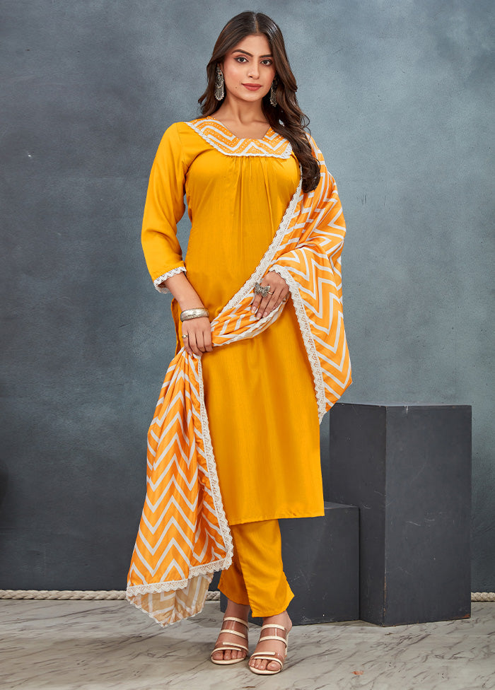 3 Pc Yellow Readymade Rayon Dupatta Suit Set Affordable Online