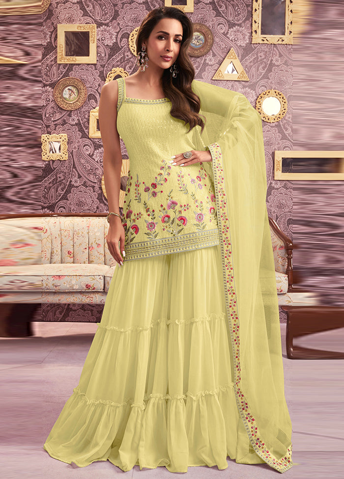 3 Pc Yellow Semi Stitched Georgette Suit Set Websites Online