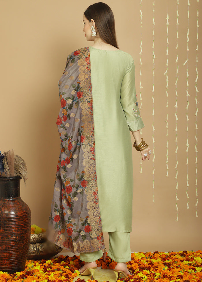 3 Pc Green Unstitched Chanderi Suit Set Genuine Cheap Online