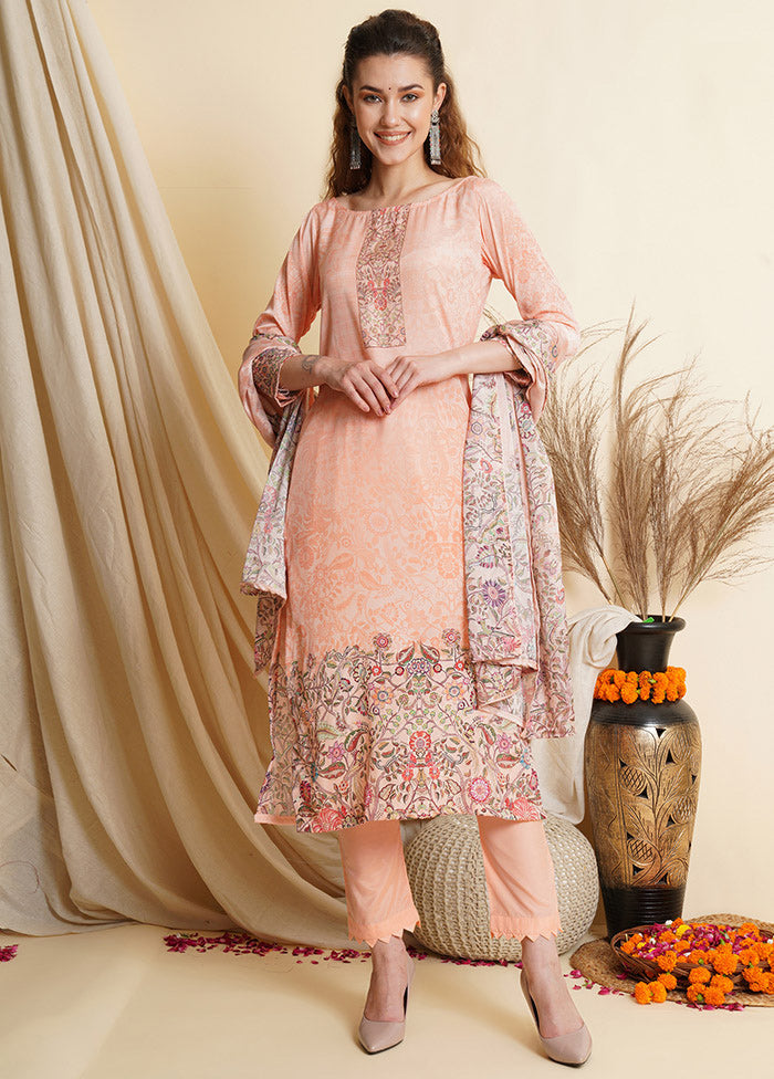 3 Pc Peach Unstitched Silk Suit Set Order Cheap Pice