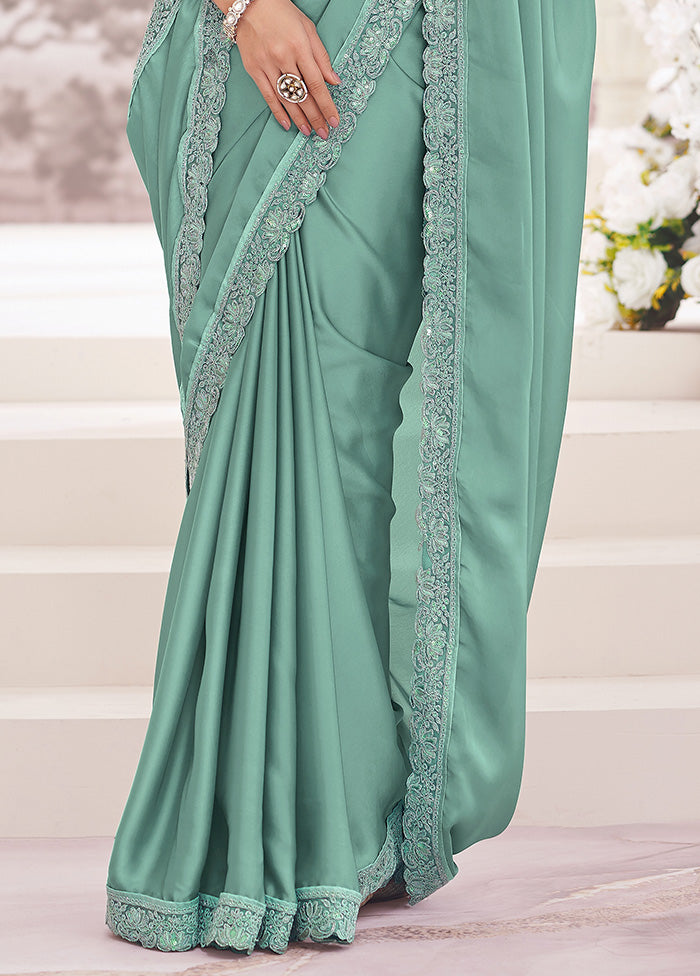 Teal Green Satin Silk Saree With Blouse Piece Many Kinds Of Cheap Pice