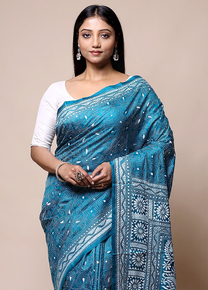 Blue Handloom Kantha Stitch Pure Silk Saree With Blouse Piece Websites Online