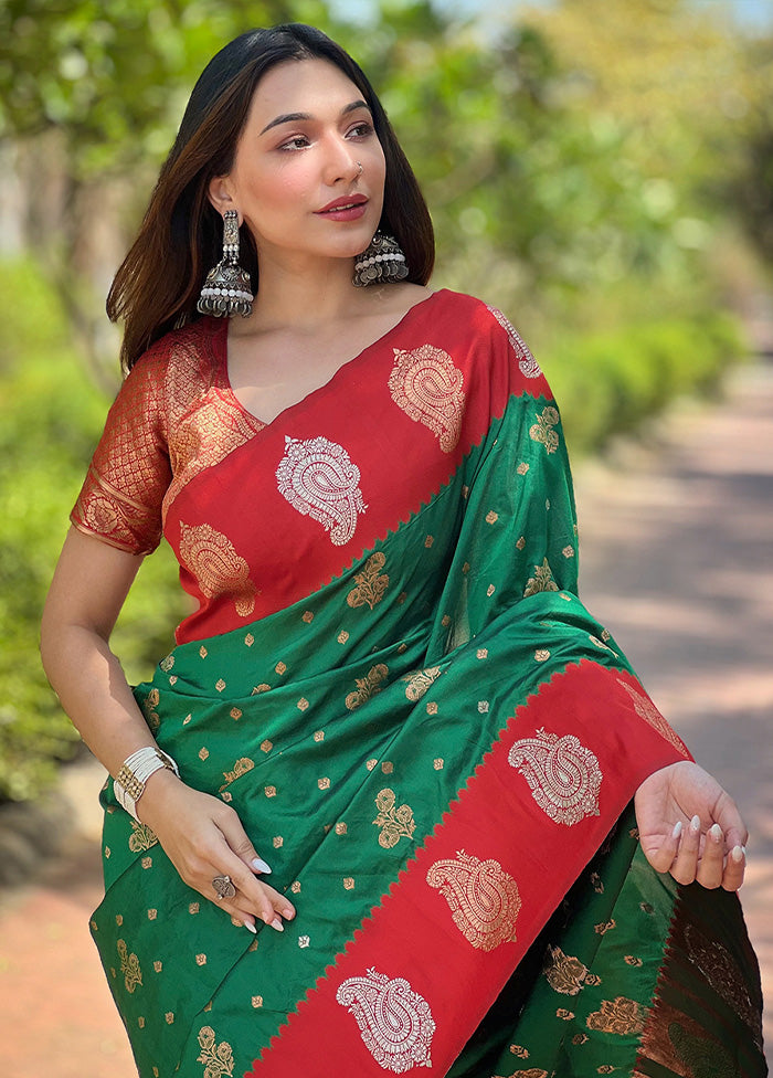 Green Spun Silk Saree With Blouse Piece Cheap Sale The Cheapest