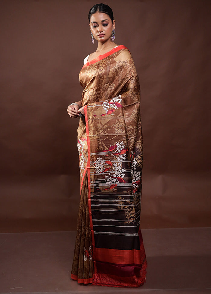 Brown Printed Pure Silk Saree Without Blouse Piece High Quality Buy Online