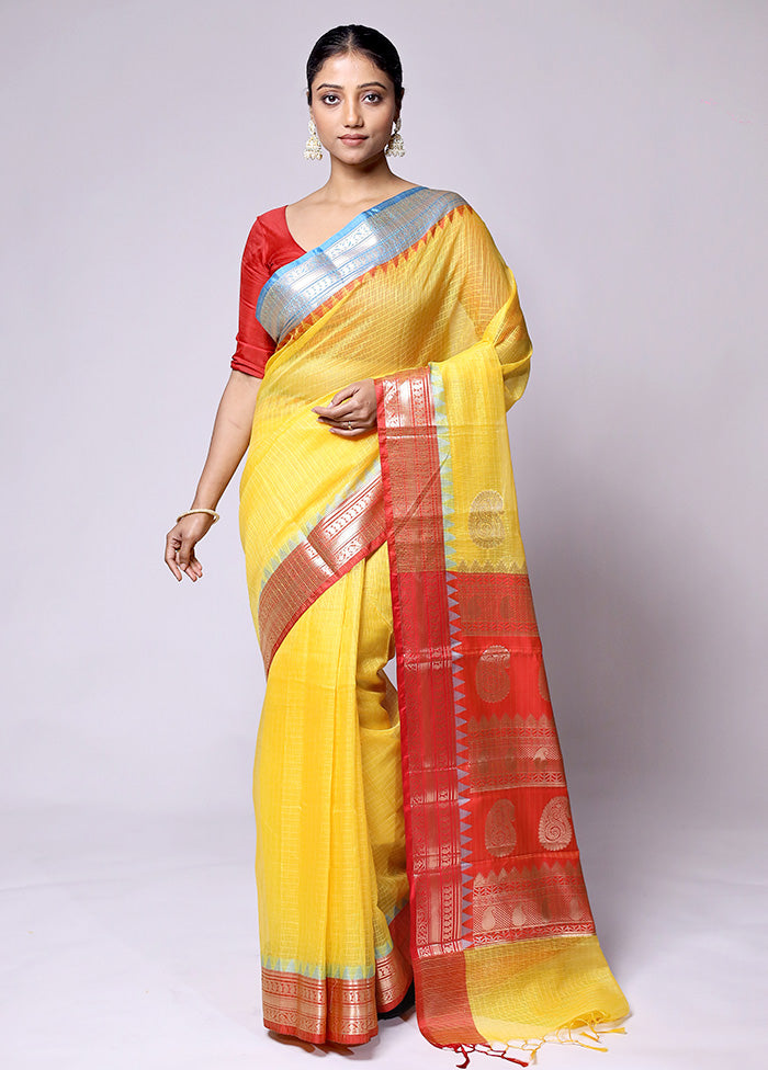 Yellow Kota Cotton Saree With Blouse Piece Cheap Sale Pay With Visa