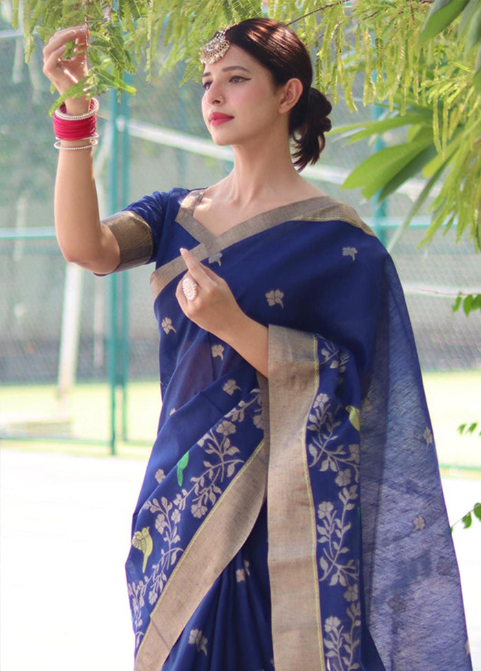 Blue Linen Silk Saree With Blouse Piece Get To Buy For Sale