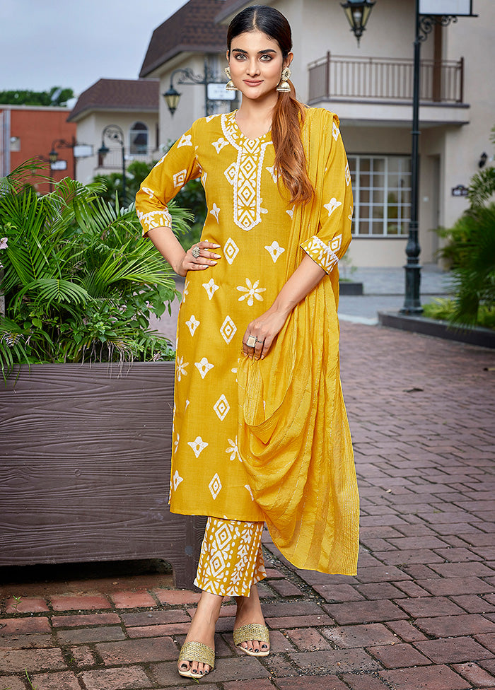 3 Pc Mustard Readymade Cotton Suit Set Free Shipping Clearance