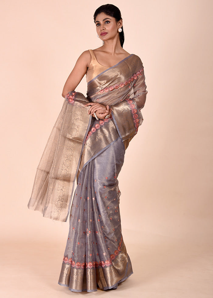 Grey Tissue Silk Saree With Blouse Piece Cheap Sale 100% Authentic