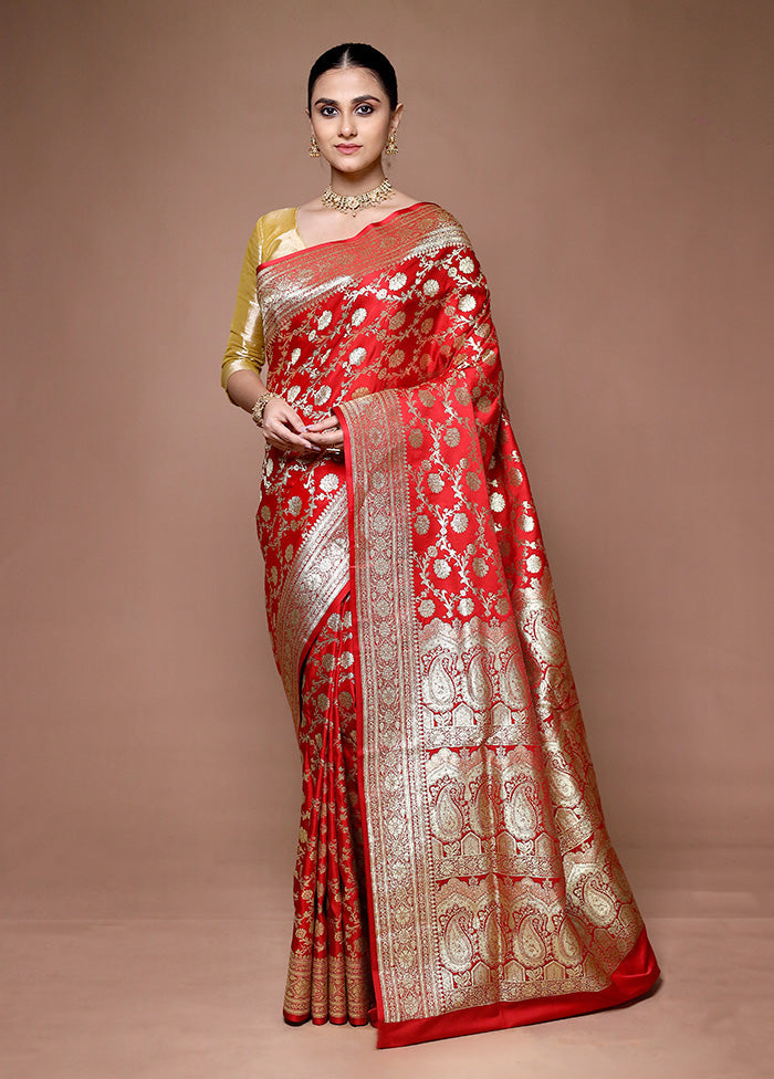 Red Banarasi Silk Saree With Blouse Piece Clearance Reliable