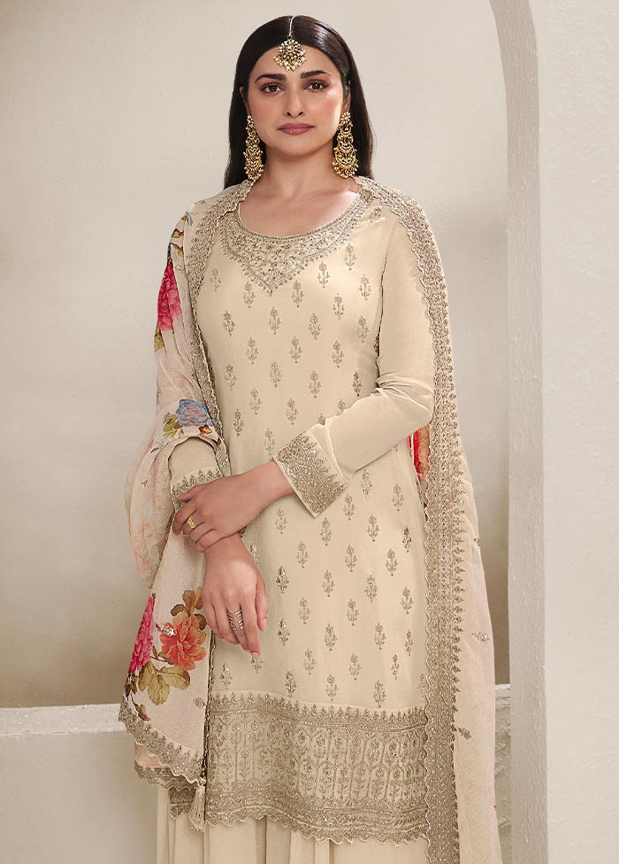 3 Pc Cream Semi Stitched Viscose Suit Set Pay With Paypal Online