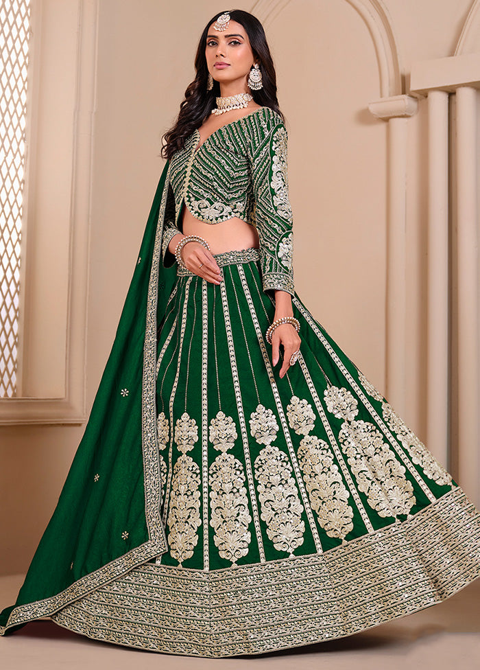 3 Pc Green Silk Semi Stitched Lehenga Set Sale Original