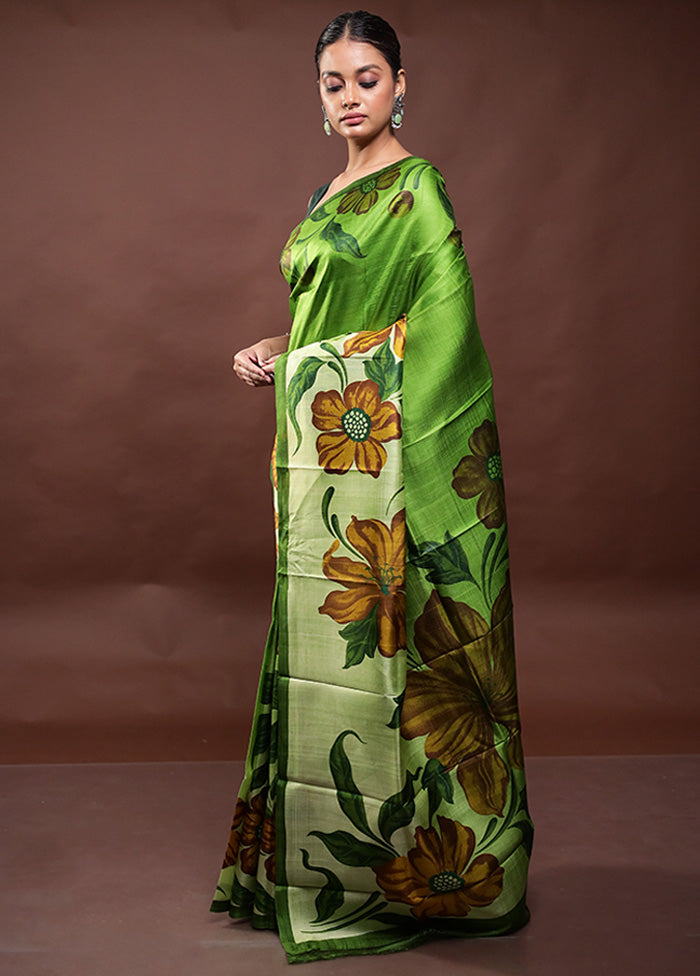 Green Printed Pure Silk Saree Without Blouse Piece Very Cheap