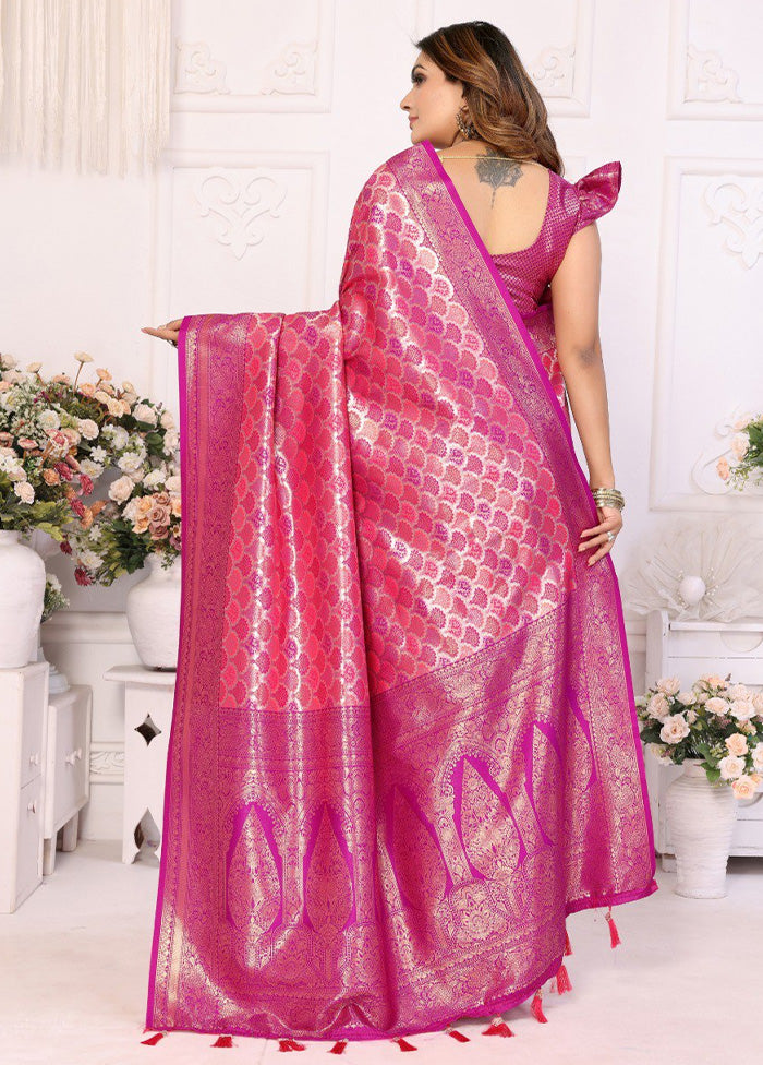 Pink Banarasi Silk Saree With Blouse Piece Cheap Sale Online