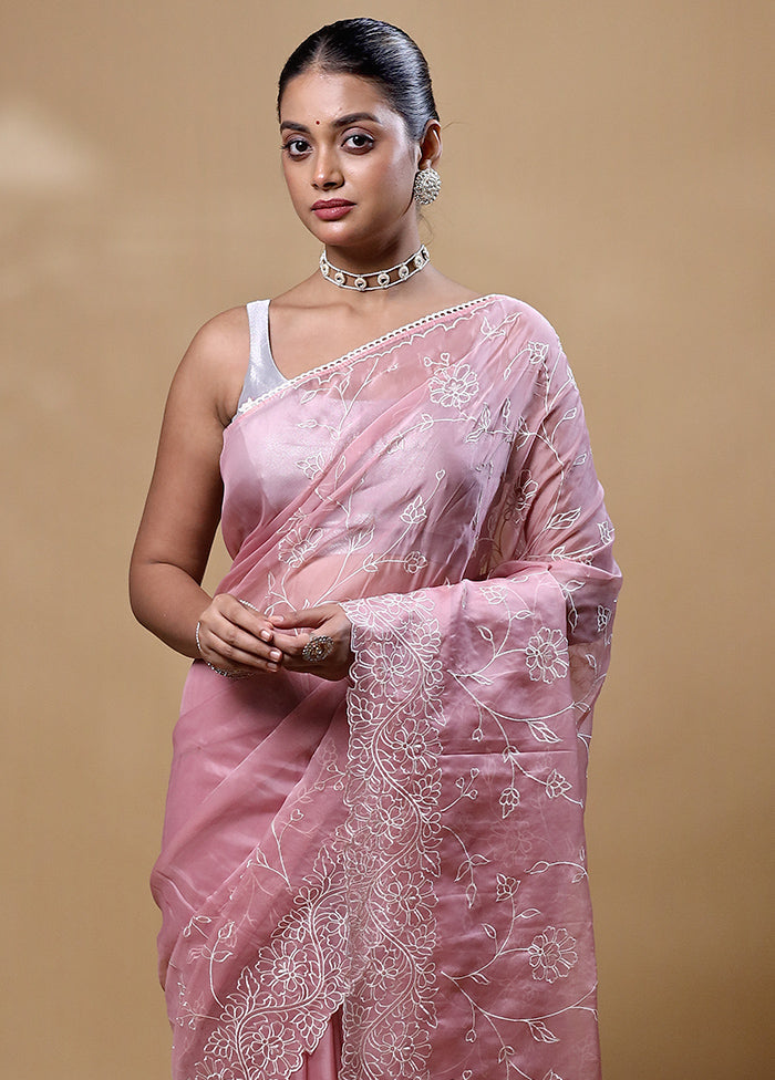 Pink Organza Saree With Blouse Piece Clearance Free Shipping