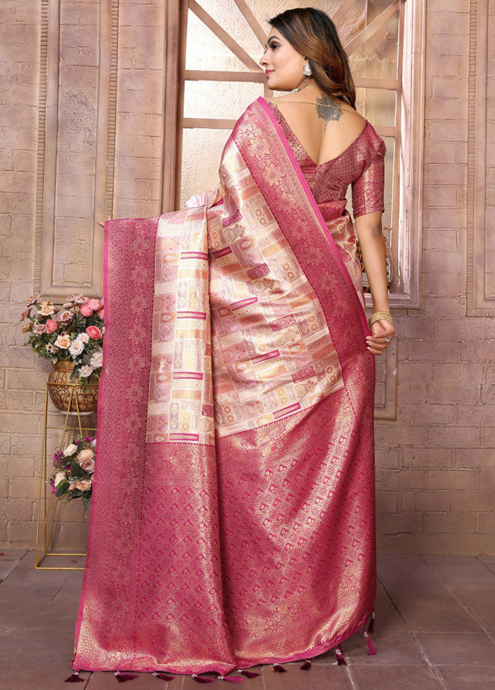 Cream Banarasi Silk Saree With Blouse Piece Free Shipping In China