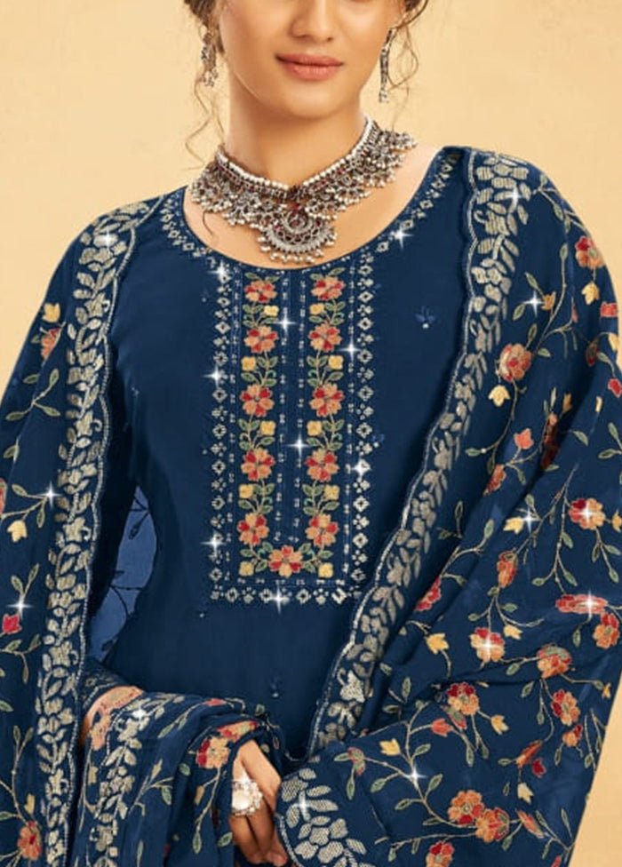 3 Pc Navy Blue Semi Stitched Real Organza Suit Set Popular Sale Online