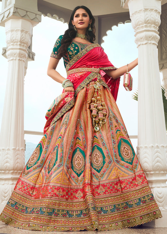 3 Pc Multicolor Silk Semi Stitched Lehenga Set Online Online High Quality