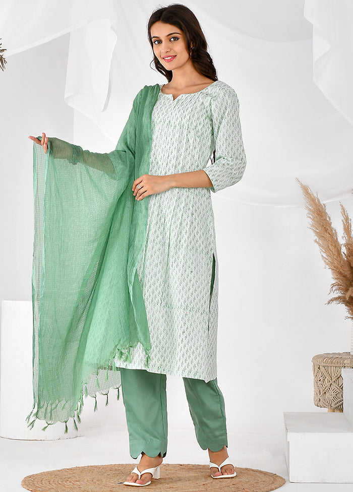 3 Pc Green Cotton Printed Suit Set Fashionable Sale Online