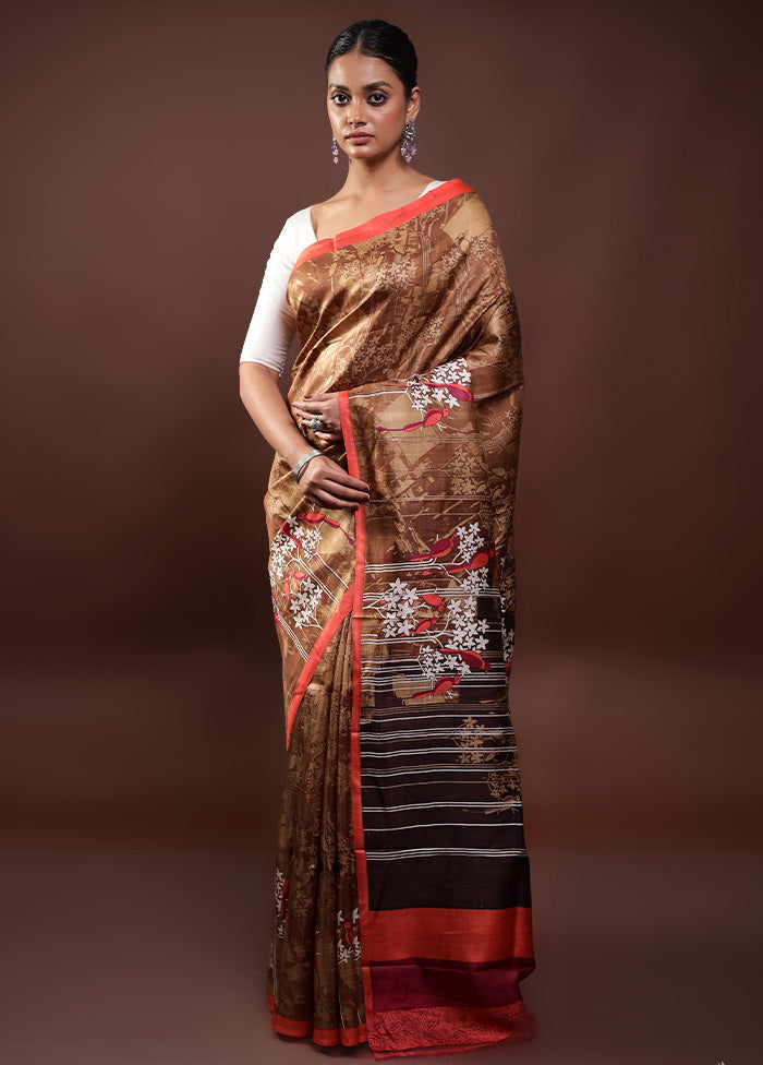 Brown Printed Pure Silk Saree Without Blouse Piece High Quality Buy Online