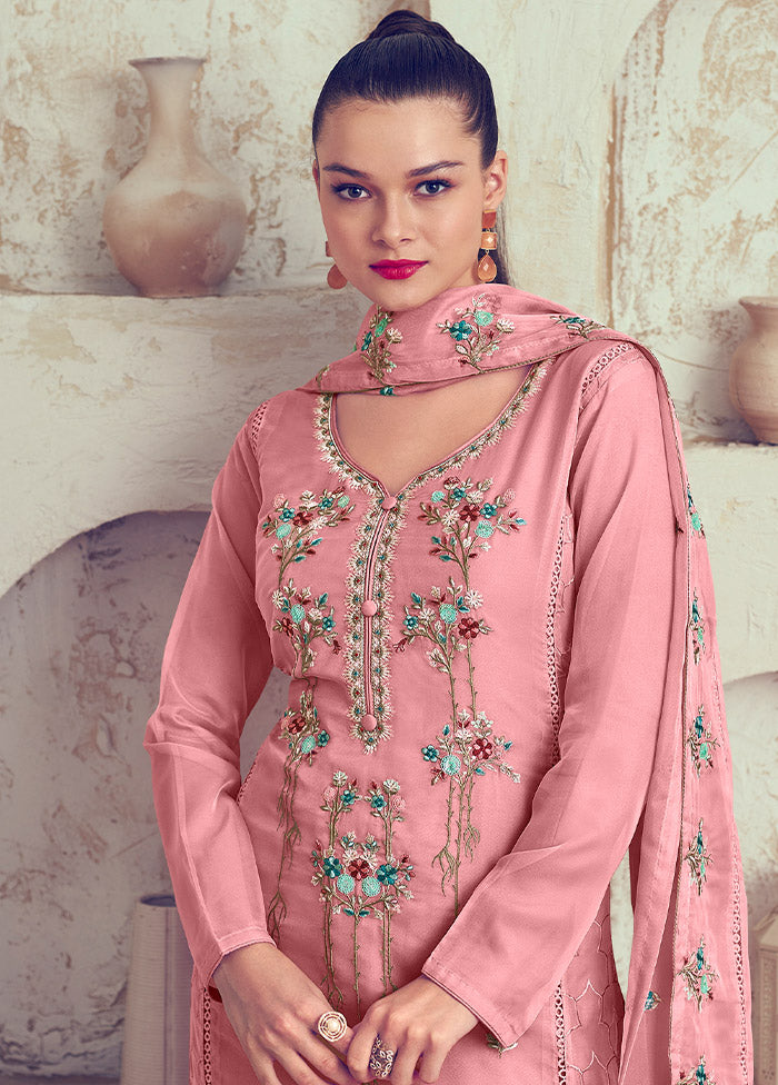 3 Pc Pink Unstitched Net Suit Set Largest Supplier For Sale