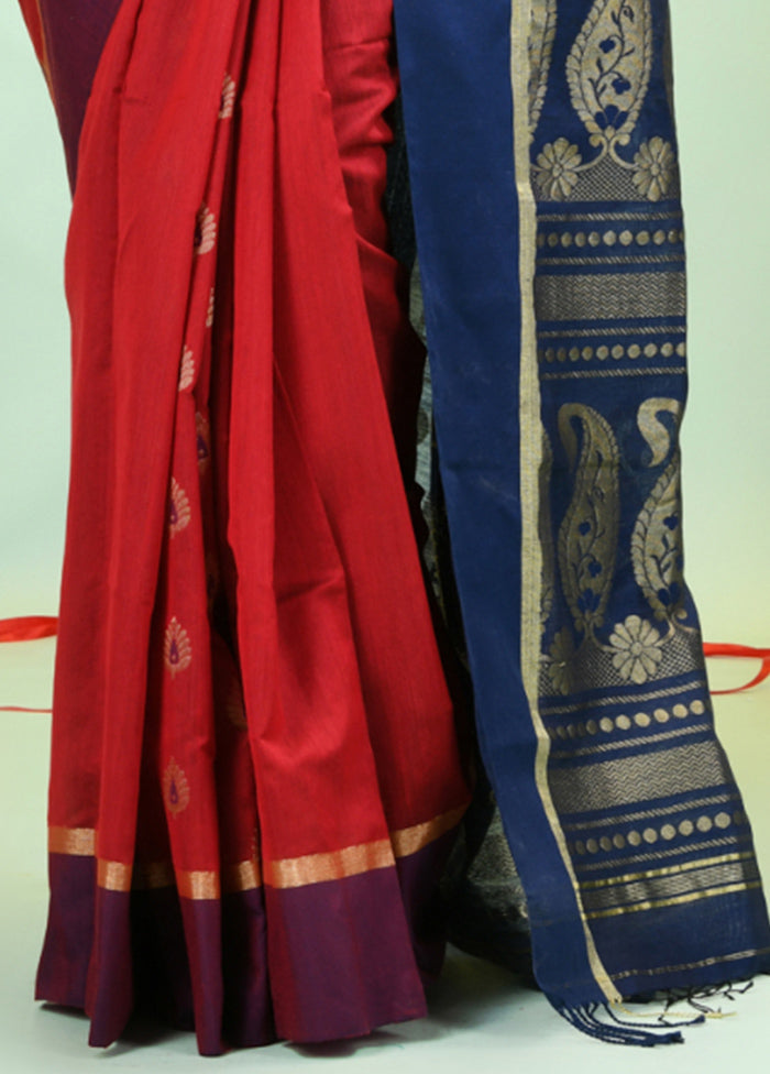 Red Pure Cotton Saree With Blouse Piece Clearance Very Cheap