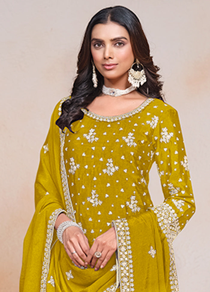 3 Pc Yellow Semi Stitched Silk Suit Set Fashionable Sale Online