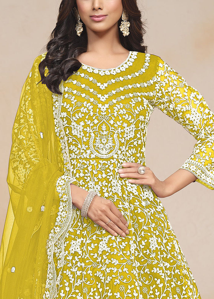 3 Pc Lime Green Semi Stitched Net Suit Set Pre Order For Sale