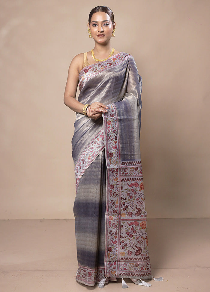 Grey Tissue Silk Saree With Blouse Piece 2025 New For Sale