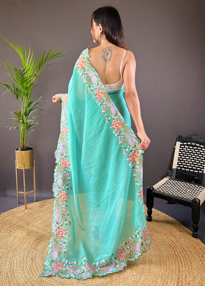 Sea Green Spun Silk Saree With Blouse Piece Discount Huge Surprise