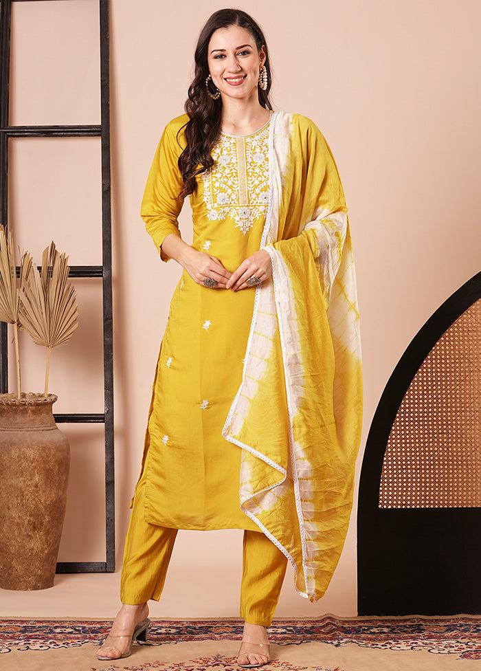 3 Pc Mustard Readymade Chanderi Dupatta Suit Set Affordable Sale Online